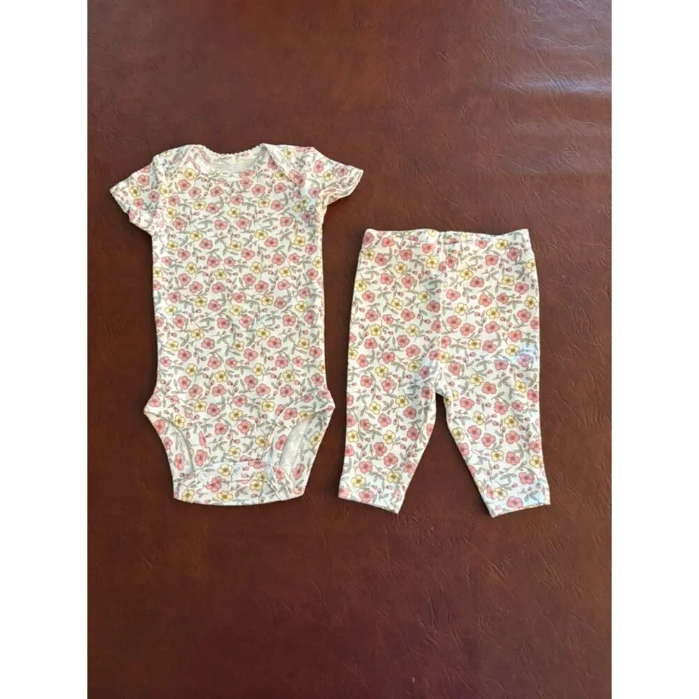 Carter's Newborn Pink and Yellow Flower Printed Onesie and Pants