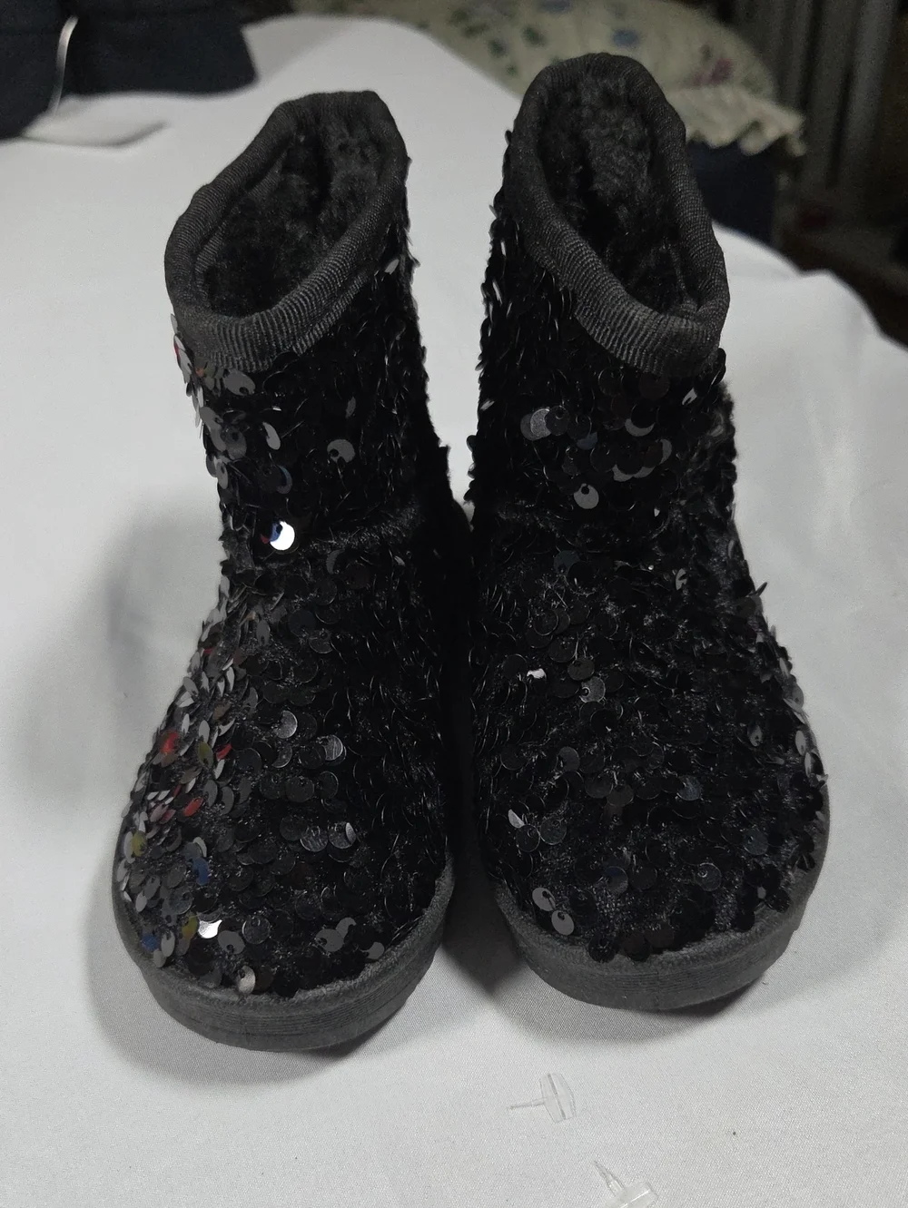 Childs Black Sequin Faux-Fur Ankle Boots By Link - Child Size 5