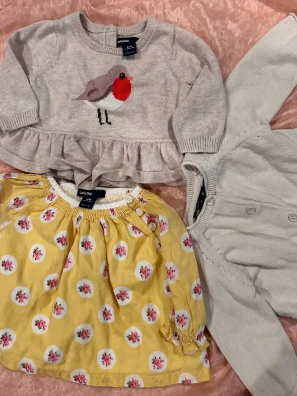 LOT OF 3 BABY GAP TOPS FLORAL BOHO TUNIC BIRD SWEATER BEIGE CARDIGAN 0-3 3-6 MO
