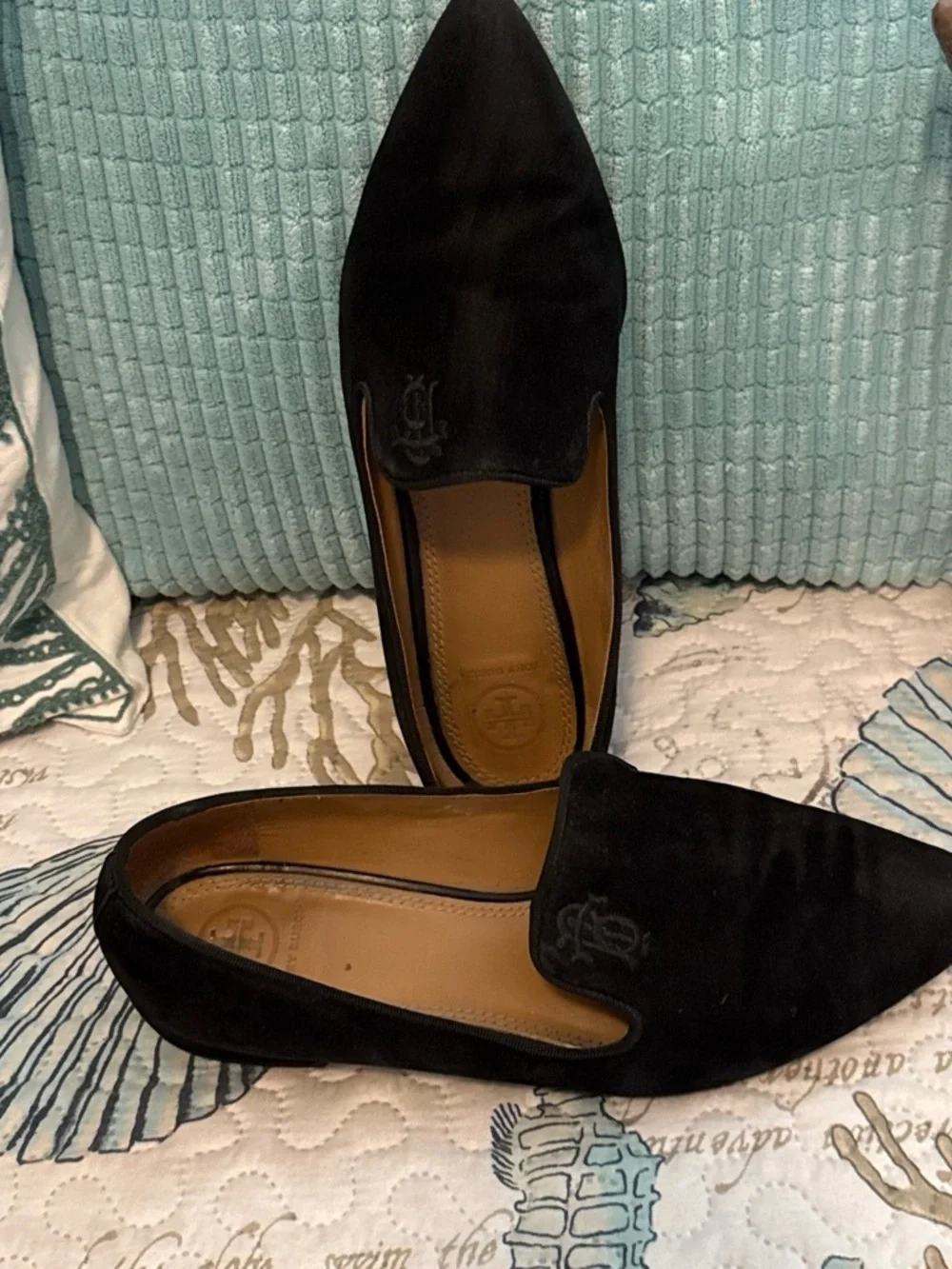 Tory Burch Black Velvet Pointed Toe Slip-Ons