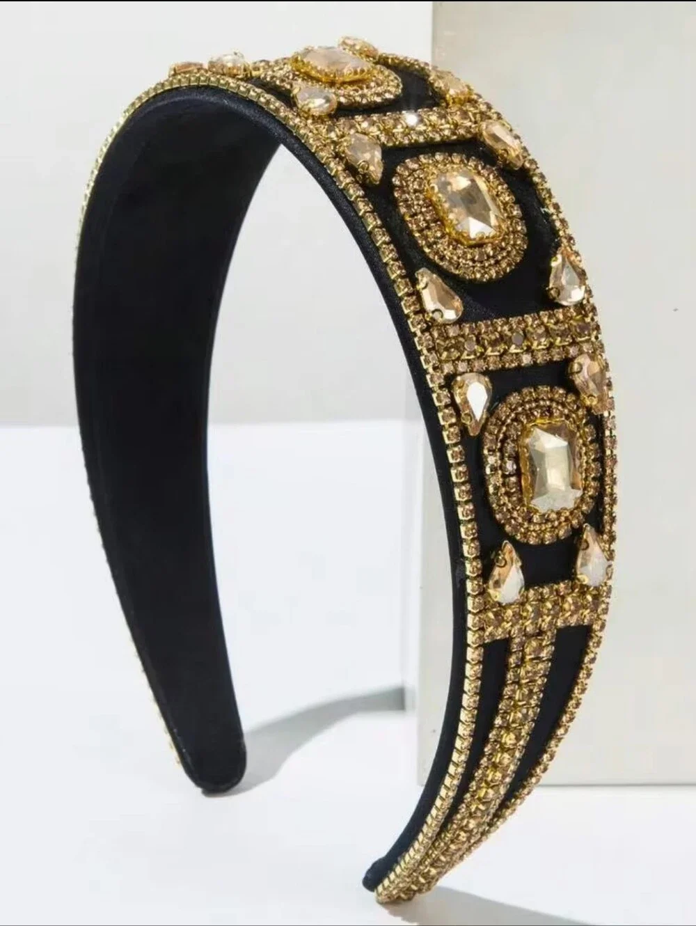 Black Headband with Gold Crystal Embellishments