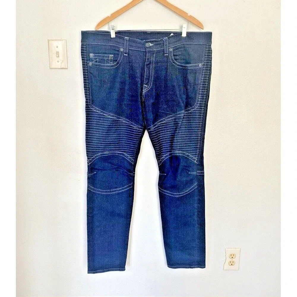 True Religion Jeans Men 42X33 Blue Denim Moto Slim‎ Run Stitch Double Knee