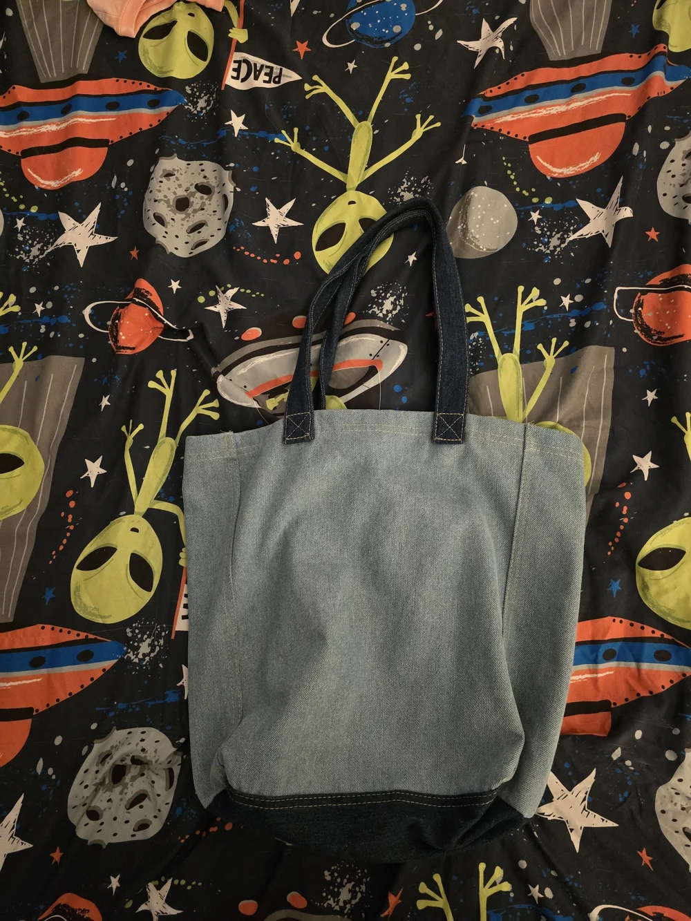 Bloomingdale's Two-Tone Denim Tote Bag in Light Blue and Dark Blue