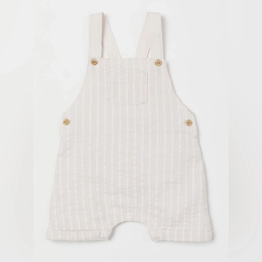 H&M Linen-blend Bib Overalls Cream Ivory striped 4/6m