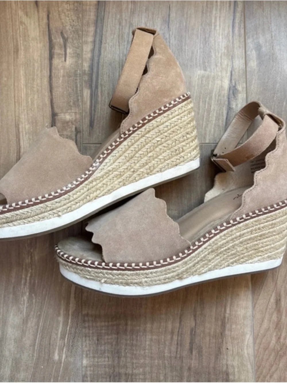 Crown Vintage Tan Scalloped Suede Wedge Sandals