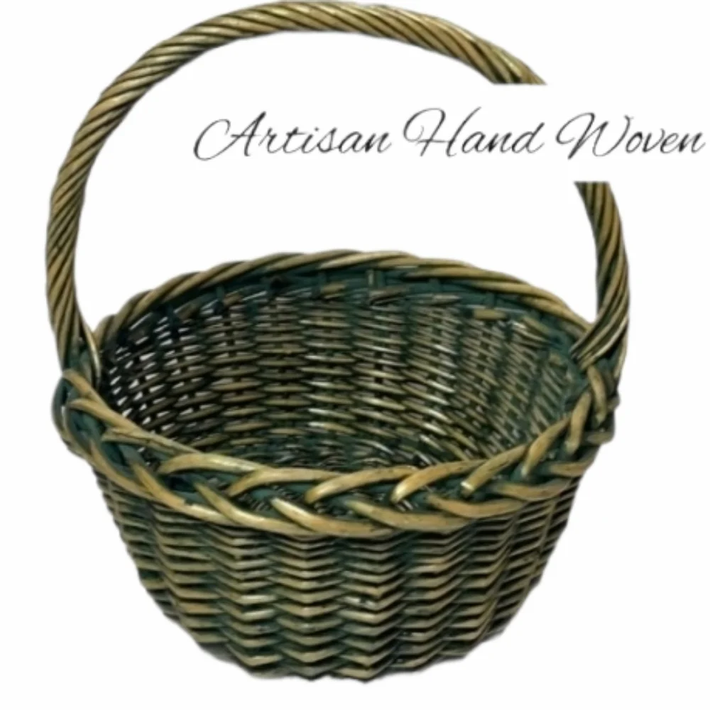 Handwoven Basket Very Large Round Sturdy Artisan Crafted Natural Cottage Green