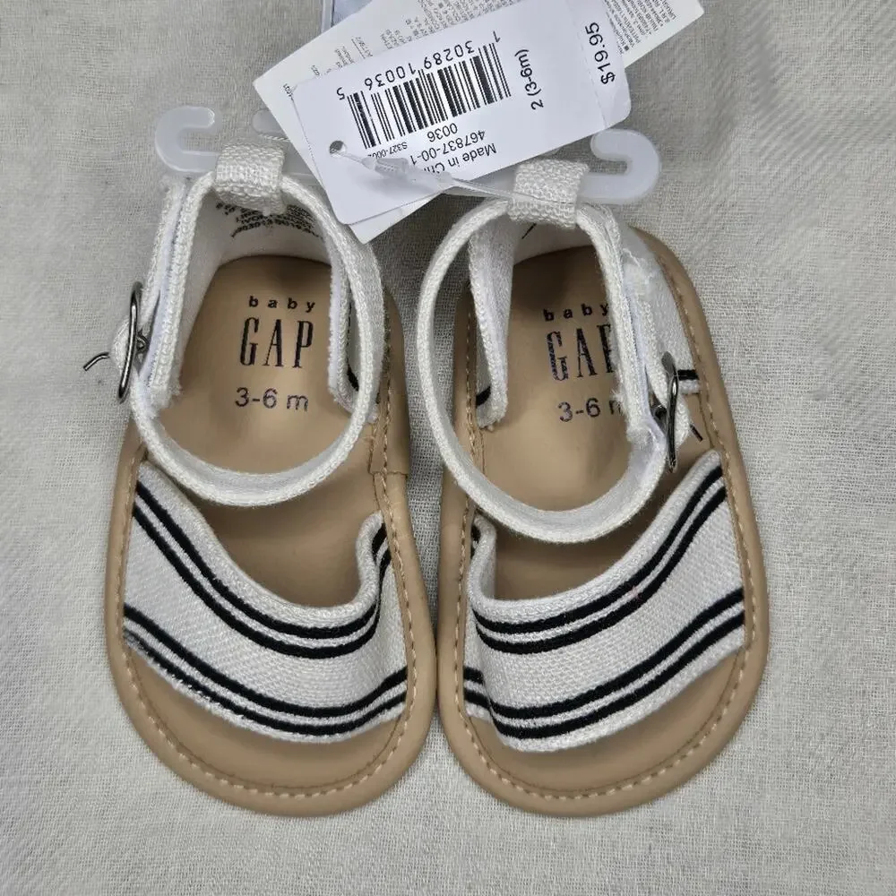 NWT BABY GAP White w/ Black Stripes and Tan Linen Sandals Size 3-6mo