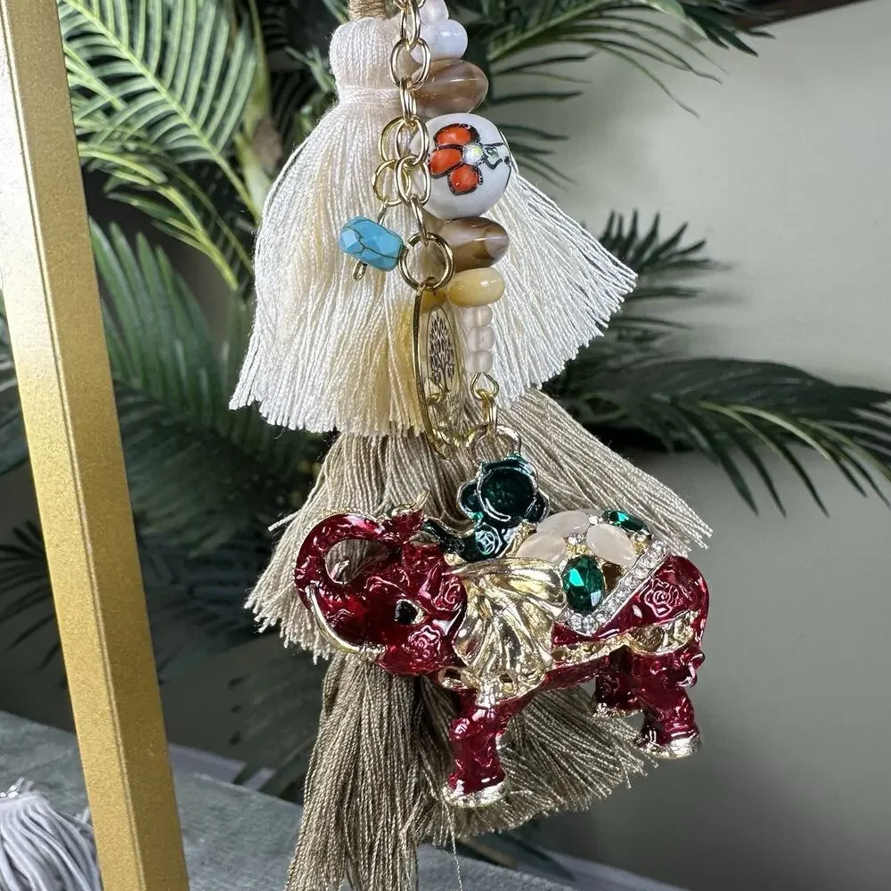 Bag charm Keychain Red Elephant Metal enamel bohemian Tassel BC0035