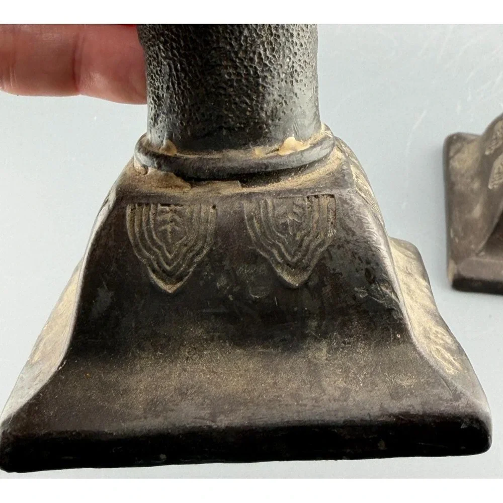 Vintage Nippon Dragonware Candlesticks Pair Brown Clay Moriage Hallmarked Japan