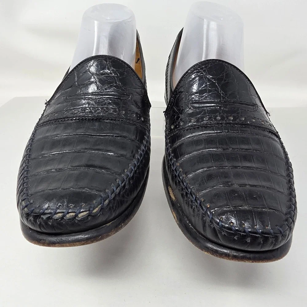 David Eden Loafers Mens 9 Black Crocodile Leather Exotic Penny Moccasin Good