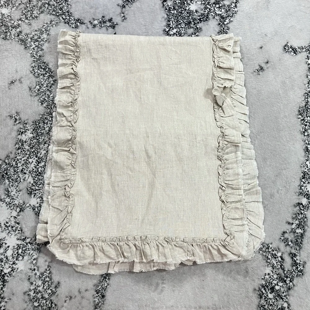 Pure Luxury Linen Ruffle Table Runner Natural Beige 100% Linen Cotton Back 19x70