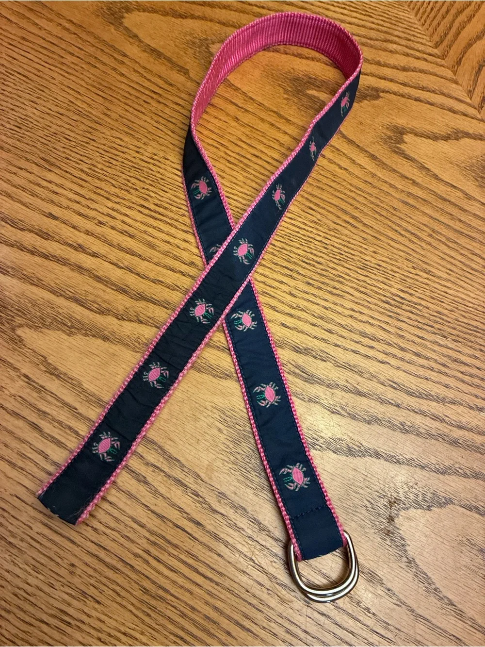 Eliza B by Leatherman Ribbon D-Ring Belt with Pink Floral Trim and pink crabs