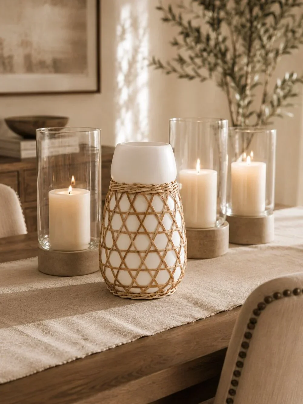 Modern Organic White Ceramic Hand-Wrapped Rattan Vase 9