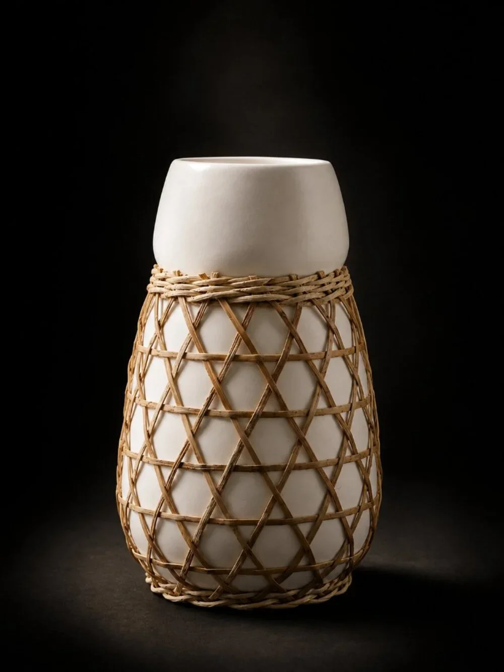 Modern Organic White Ceramic Hand-Wrapped Rattan Vase 9