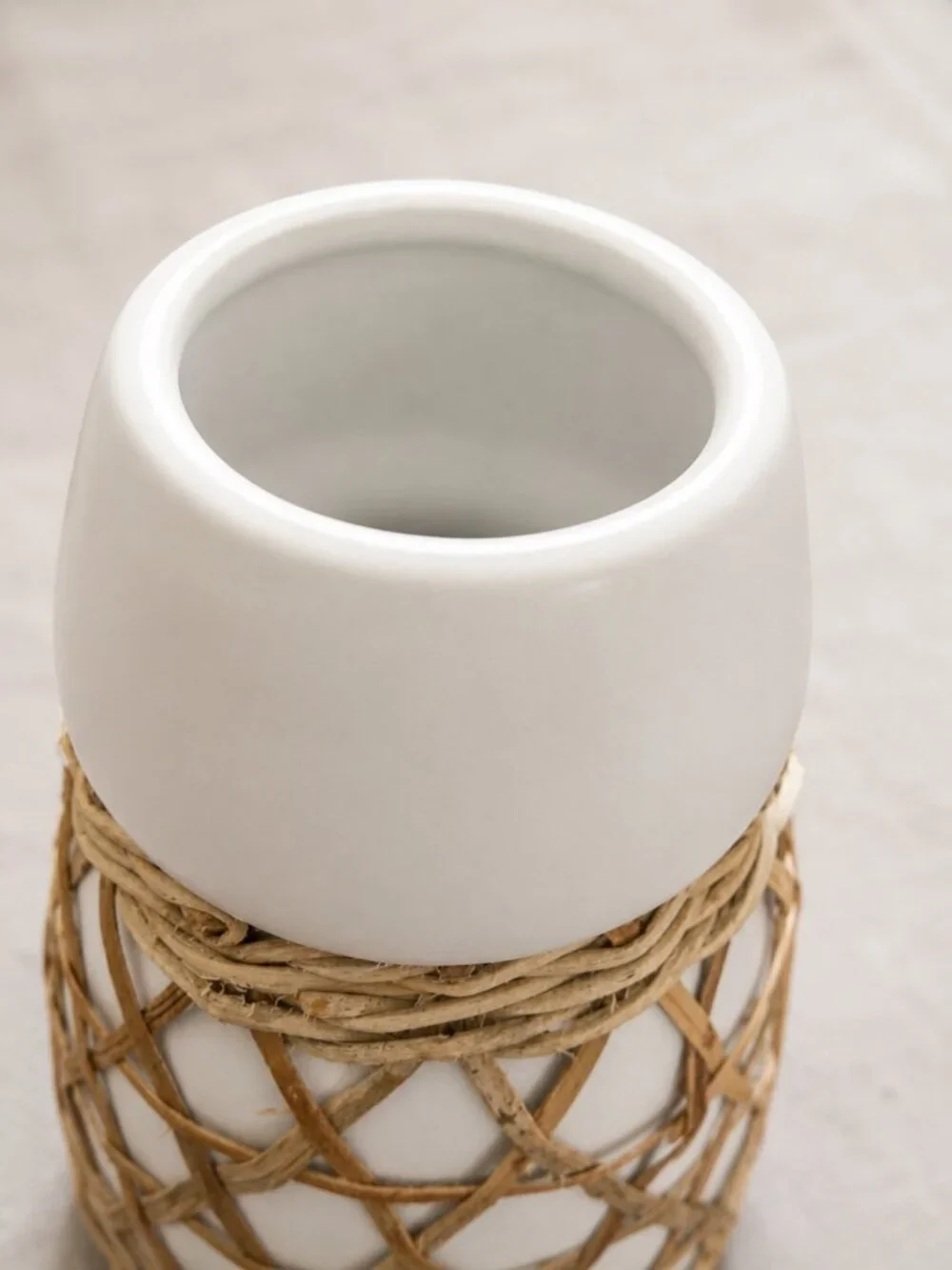 Modern Organic White Ceramic Hand-Wrapped Rattan Vase 9