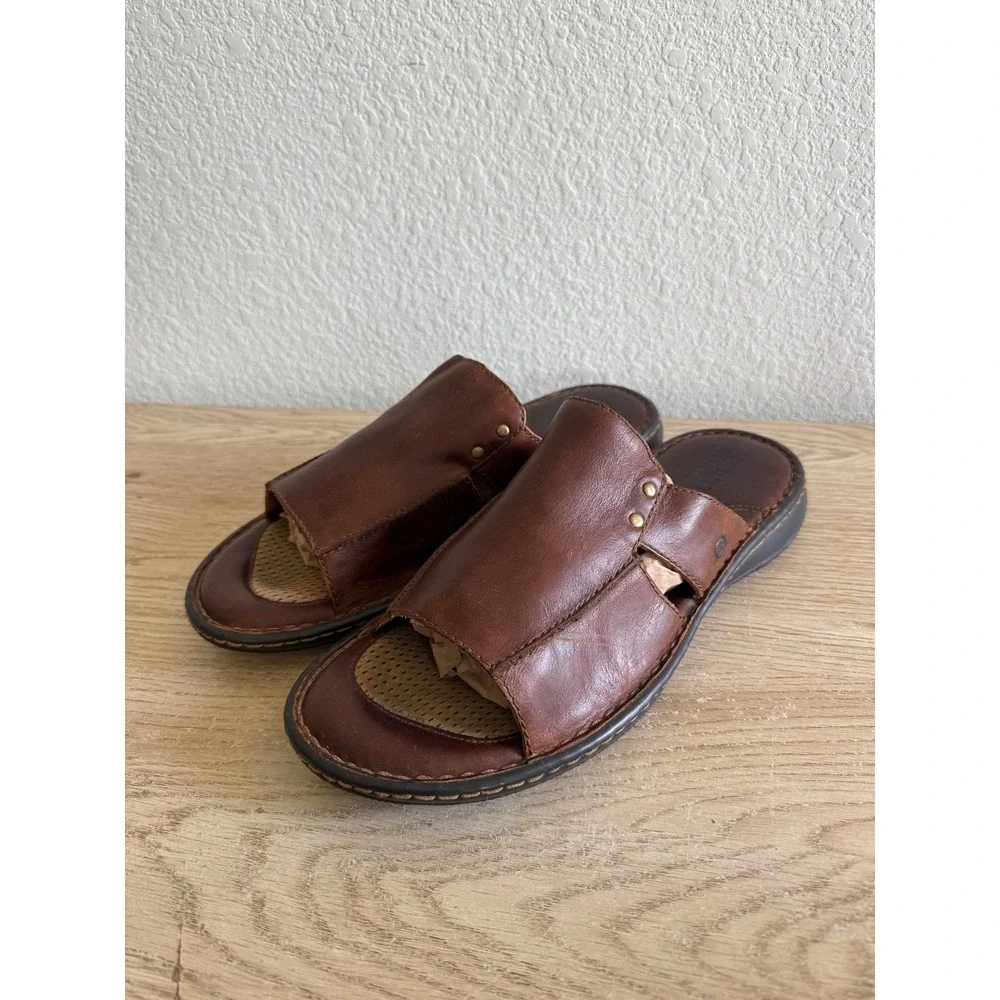 Born Mens Brown Leather Slide Sandals Size 14M Comfort Footbed Vacation
