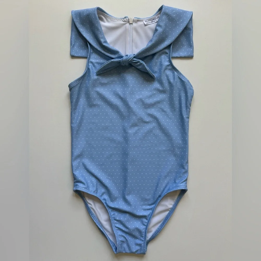 Minnow Girl's Mulberry Blue Dot Sailor One-Piece Swimsuit - Size 7/8T