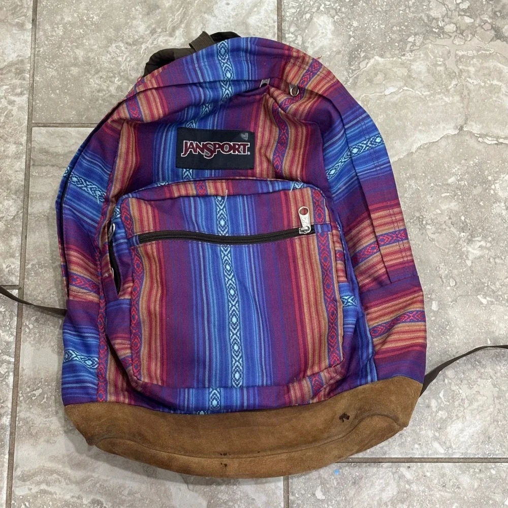 JanSport Originals Backpack Southwestern Stripe Canvas Suede Bottom Blue Purple