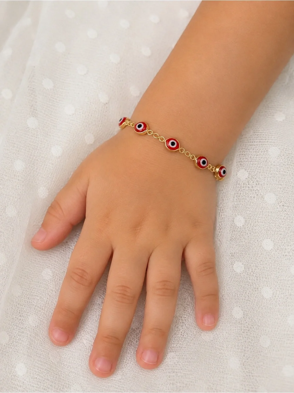 Gold Kids Bracelet with Red Evil Eye Charms