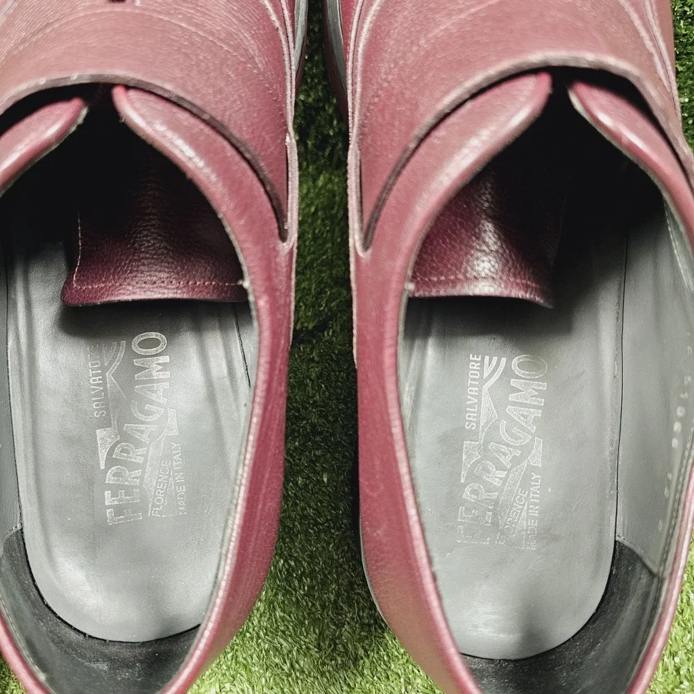 Salvatore Ferragamo Burgundy Leather Wingtip Slip On Dress Shoes Mens Size 12‎ D