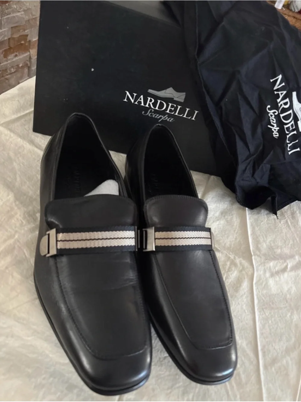 NARDELLI Black Leather Loafers with Gray Stripe and Silver Buckle