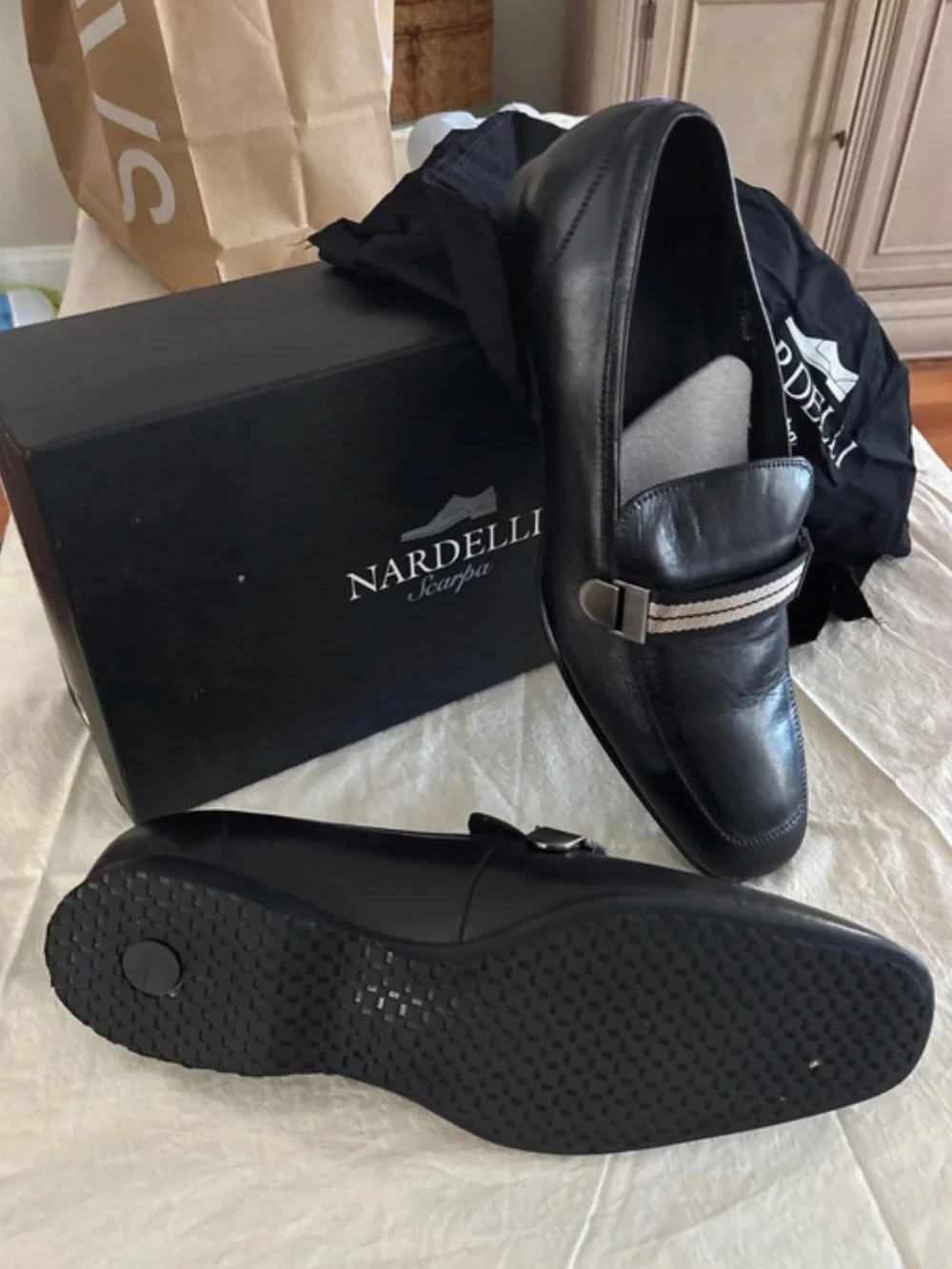 NARDELLI Black Leather Loafers with Gray Stripe and Silver Buckle