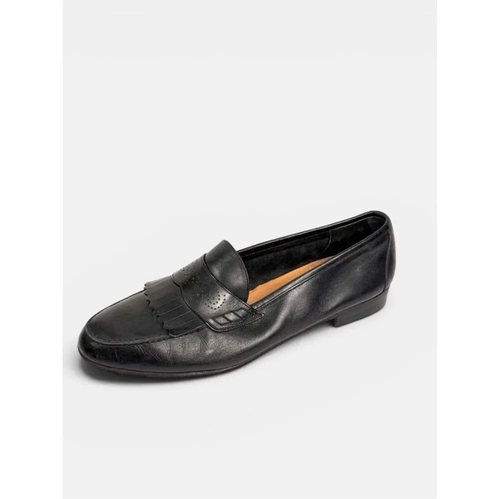 Salvatore Ferragamo Black Leather Kiltie Fringe Penny Loafers Italy Men's 11