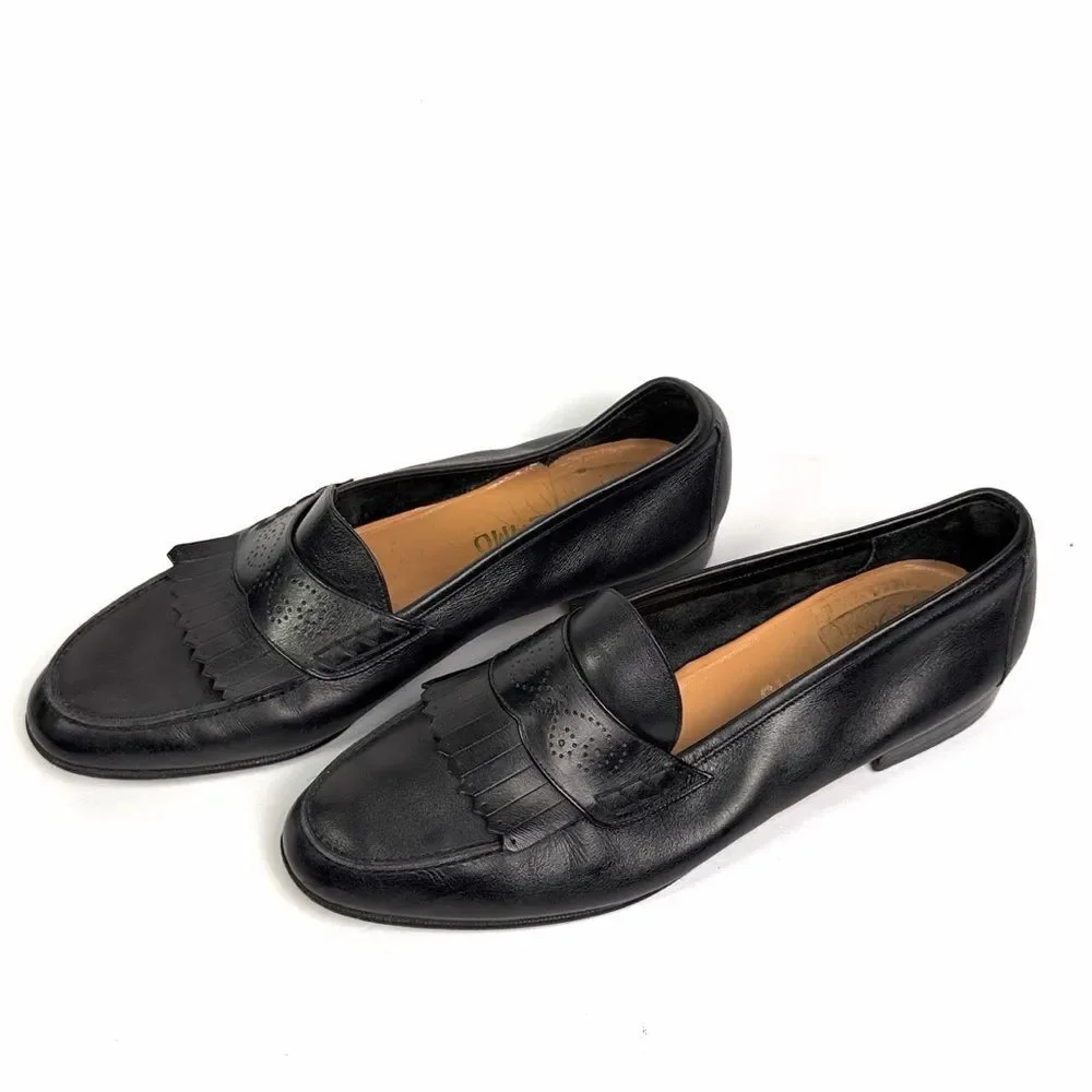 Salvatore Ferragamo Black Leather Kiltie Fringe Penny Loafers Italy Men's 11