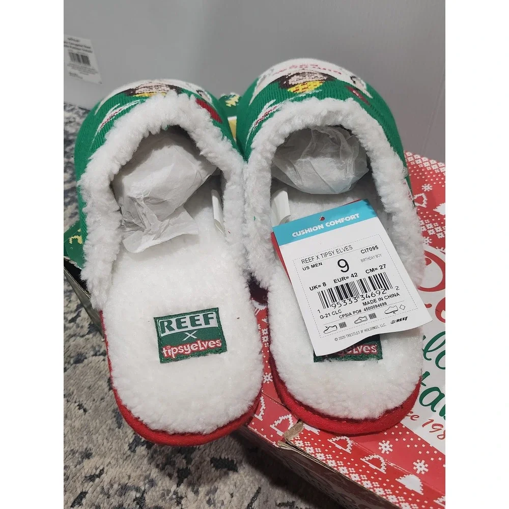 Reef x Tipsy Elves Birthday Boy Jesus Christmas Slippers Mens 9 Green CI7095 NEW