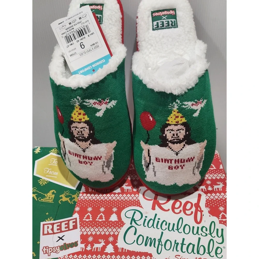 Reef x Tipsy Elves Birthday Boy Jesus Christmas Slippers Mens 9 Green CI7095 NEW