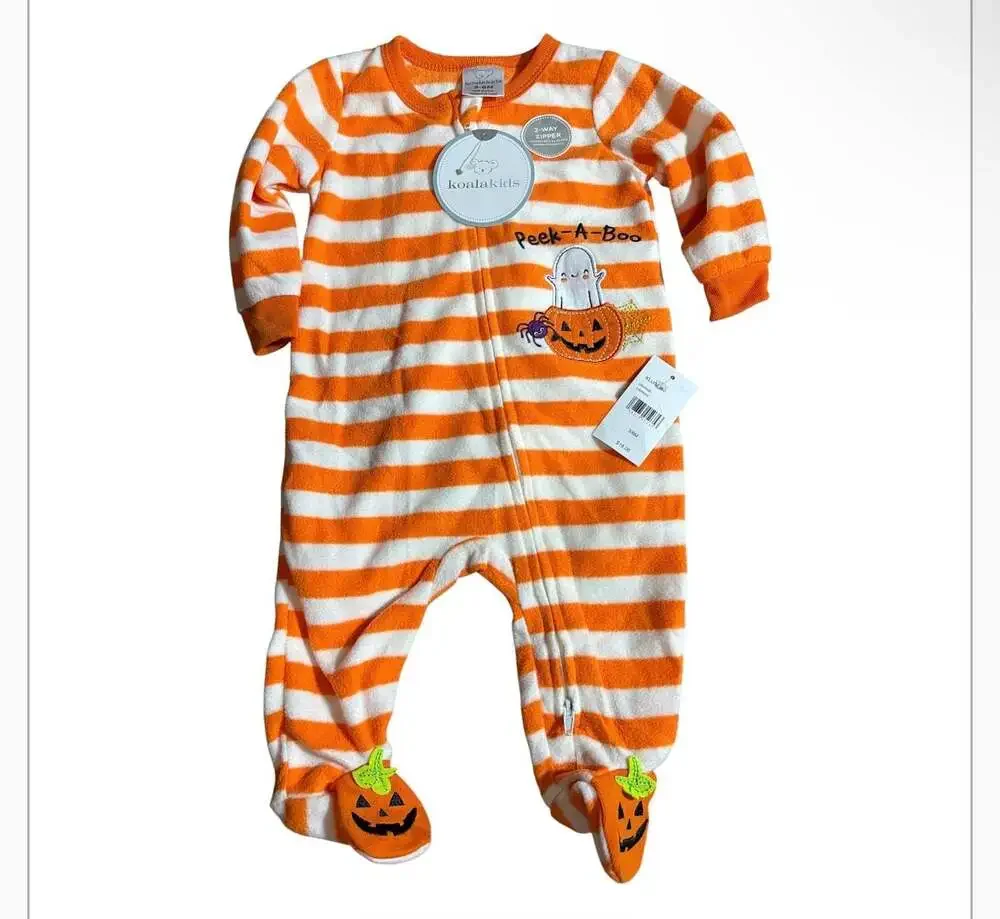 Koala Kids Peek-A-Boo Halloween Pumpkin Striped Footed Sleeper 3-6M NWT
