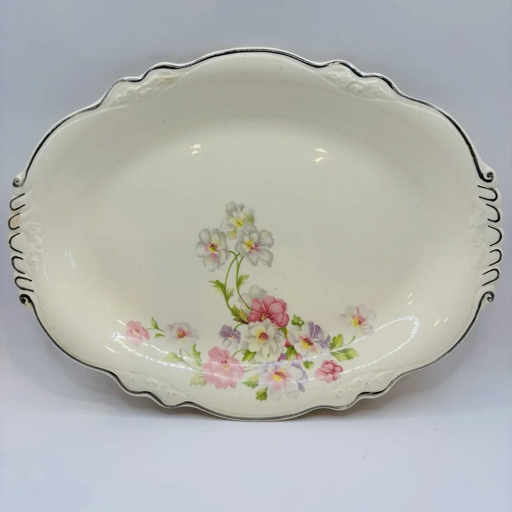 Vintage Homer Laughlin Floral Oval Serving Bowl‎ Silver Trim USA 11.5