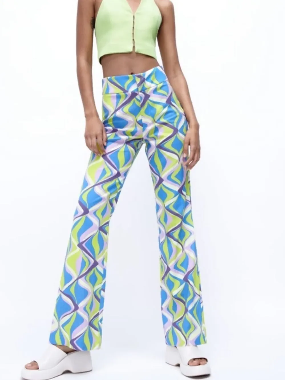 Zara Linen Blend Flared High Rise Pants Multicolor Geometric Print Sz Med