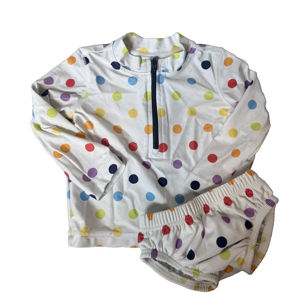 Primary Baby PolkaDot Swim Shirt & Diaper Cover Set Recycled Material Sz 3-6 Mos