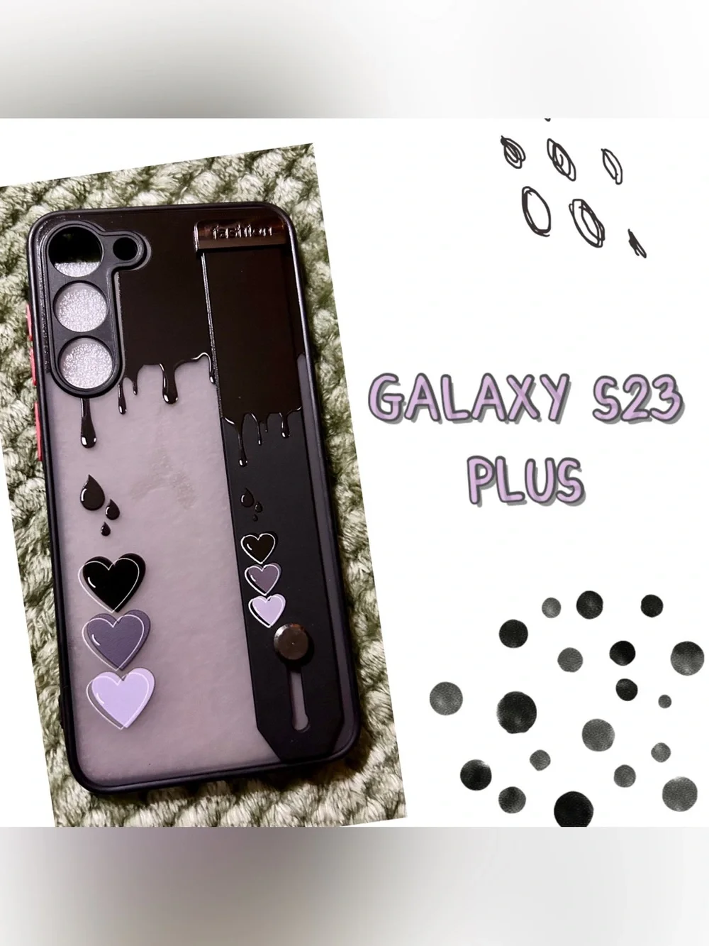 Samsung Galaxy S23 Plus Black Phone Case with Lavender Heart Drip Design