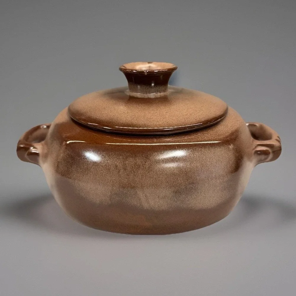 Vintage Mid-Century FRANKOMA POTTERY Baker / Bean Pot Glazed Brown w/ Lid READ‎