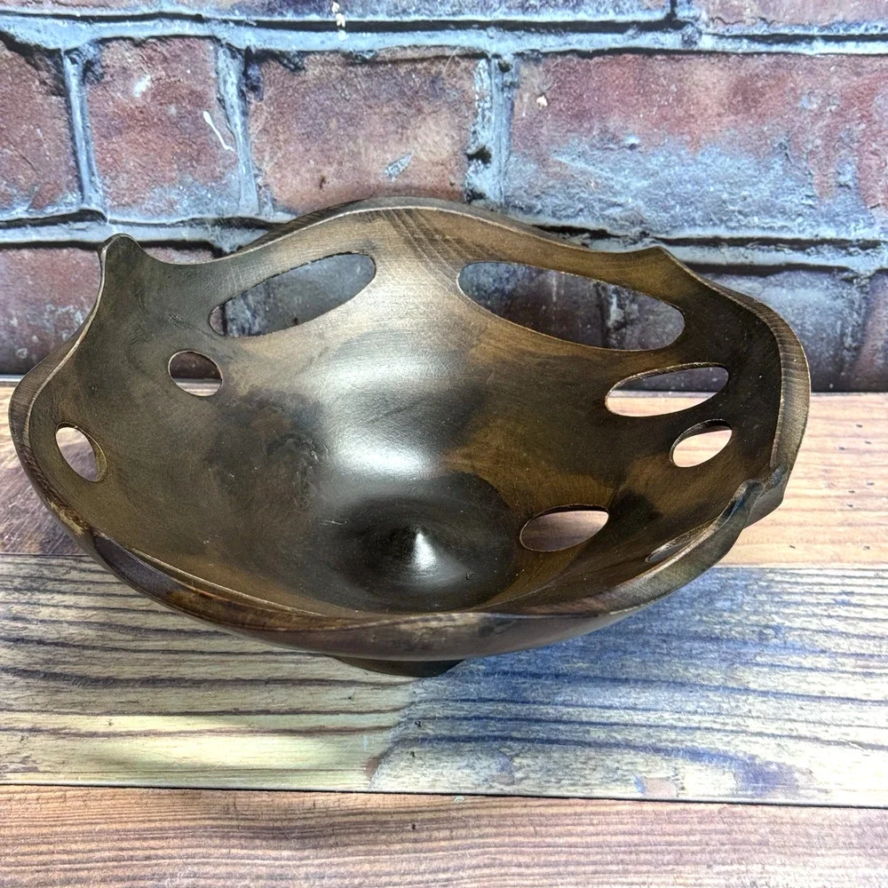 Vtg Artisan Hardwood Wood Carved Fruit Bowl MCM Organic Freeflow‎ Naturalism