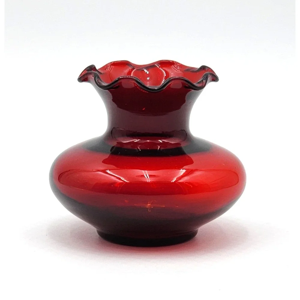 Anchor Hocking Royal Ruby Red Glass Bud Vase Ruffled Rim Vintage 3.5in