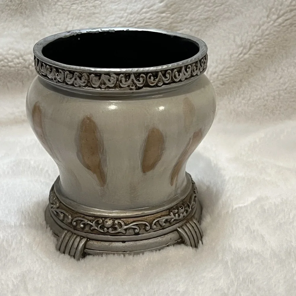 Marble Look Footed Tumbler Brown Great For Bathroom‎ Organizer EUC