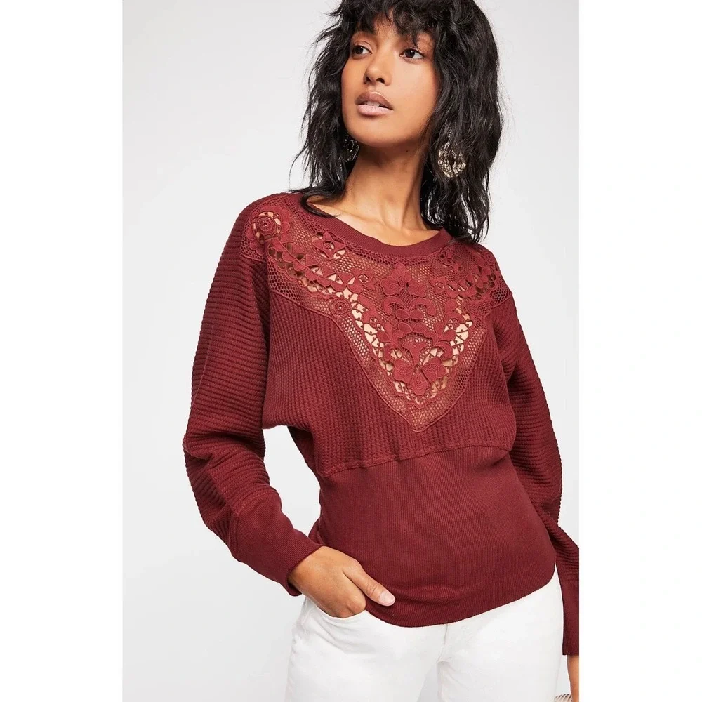 Free‎ People FP One Raven Burgundy Thermal Waffle Knit Crochet Lace Top XS Boho