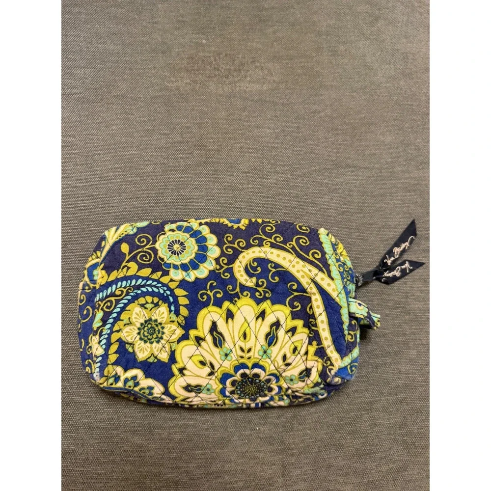 Vera Bradley Quilted Cotton‎ Cosmetic Bag Blue Yellow Green Paisley Floral Pouch