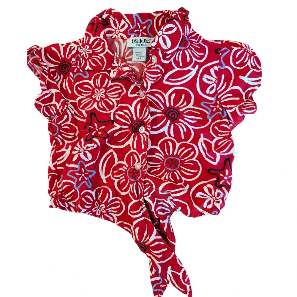 OshKosh Bgosh‎ Girls Red Floral Starfish Tie Front Button Up Shirt 4T