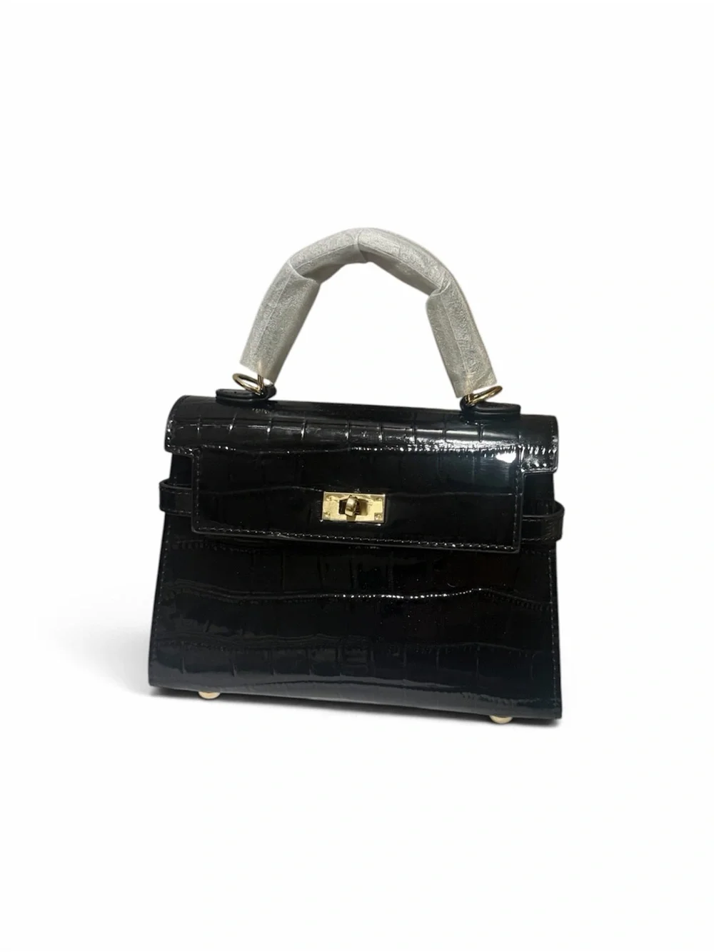 Structured Black Croc-Embossed Top Handle Bag with Gold Turn Lock