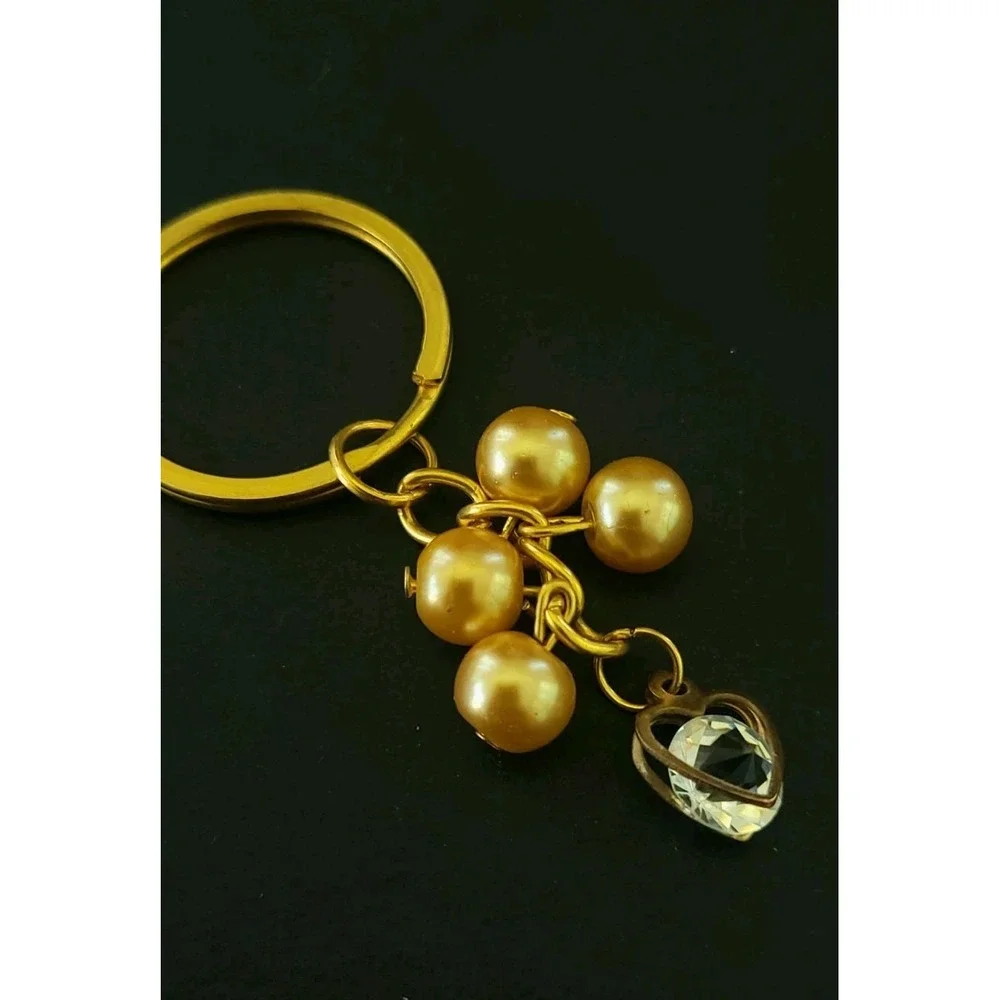 Gold Tone Faux Pearl Crystal Keychain Purse Bag Charm Cluster 7.6g 2.5in