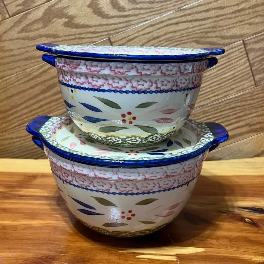 Temp-tations Old World Ceramic Bakeware Nesting Bowls W Lids 1 &‎ 1.5 QT Set