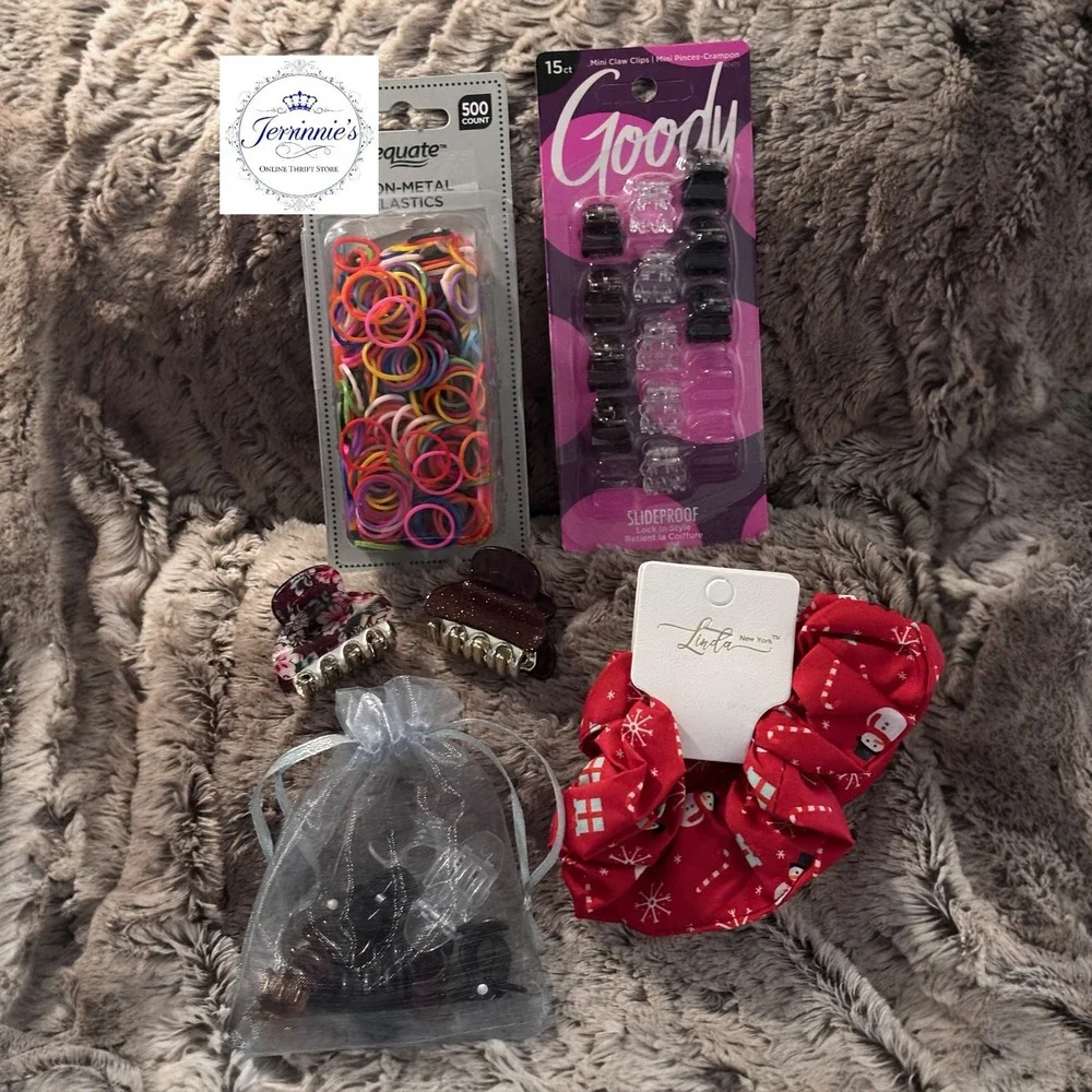 Hair Accessory Bundle Goody‎ Mini Clips Equate Elastics Christmas Scrunchie Lot