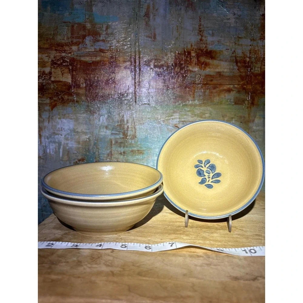 Pfaltzgraff FolkArt Stoneware Cereal Soup‎ Bowls Set of 2Tan Blue Floral USA