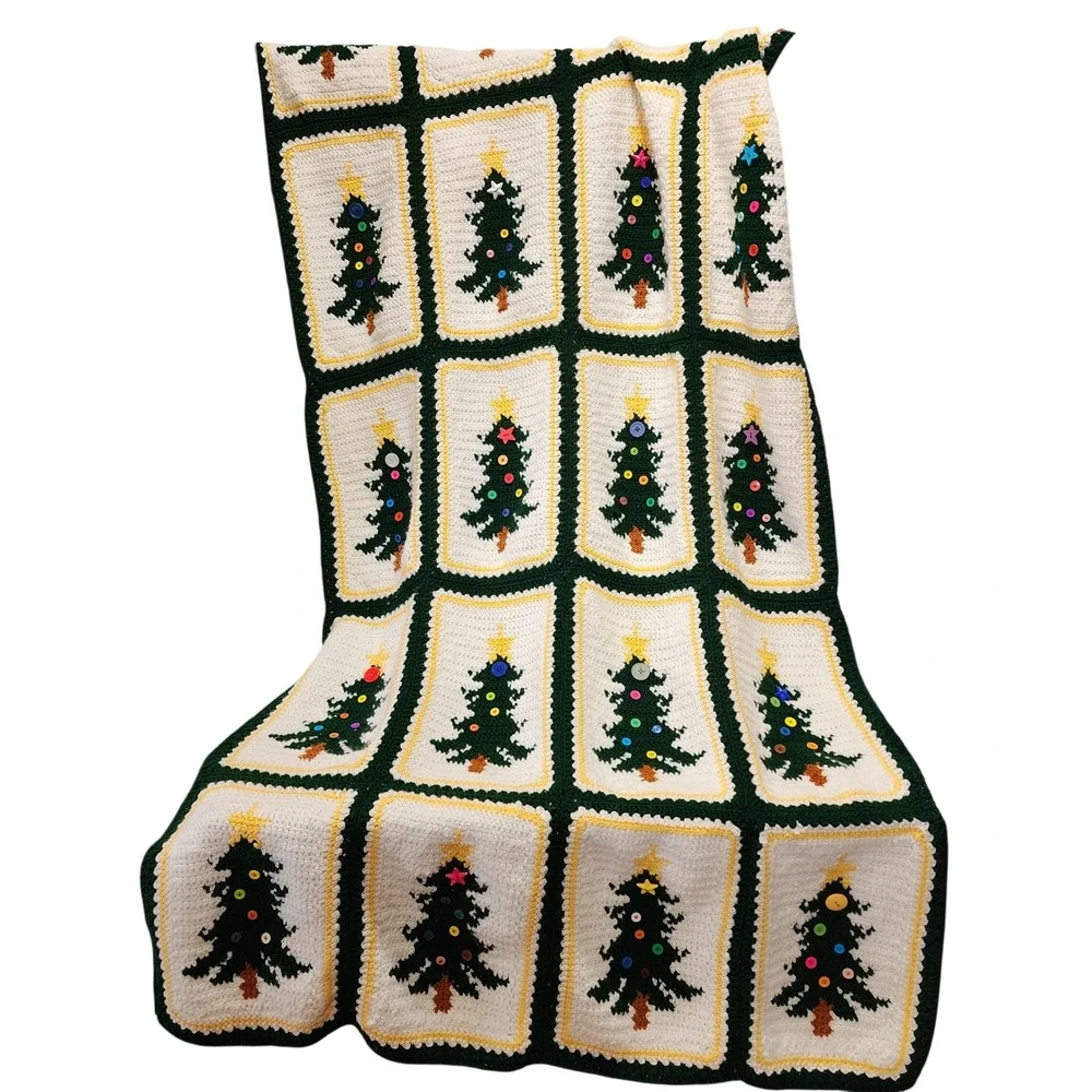 Handmade Crochet Christmas Tree Blanket Throw Festive Holiday Green White Yellow