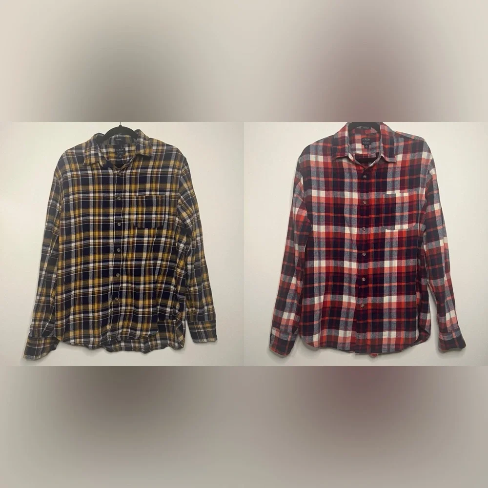 J. Crew Men's Flannel‎ Shirt Bundle - 2 Classic Fit Plaid Shirts Size Large