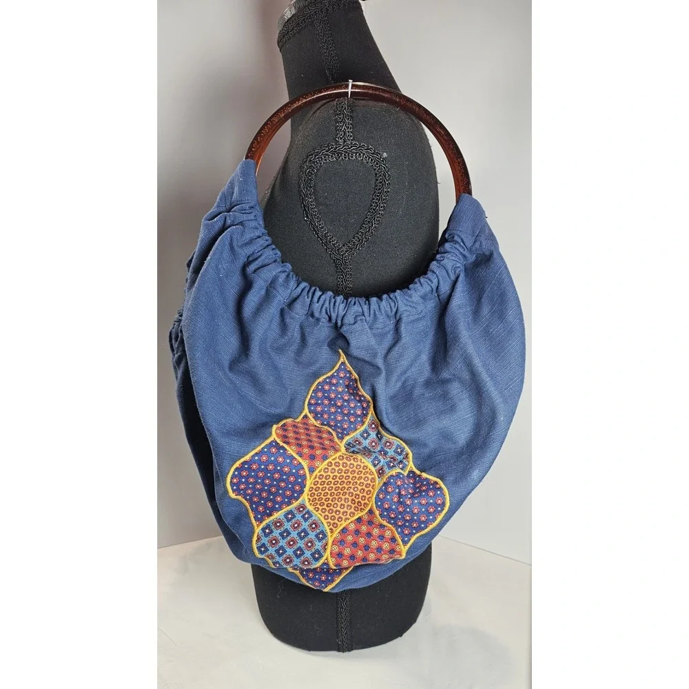 Handmade Boho Blue Ruched Hobo Bag Tortoise Handle Embroidered‎ Floral Lined